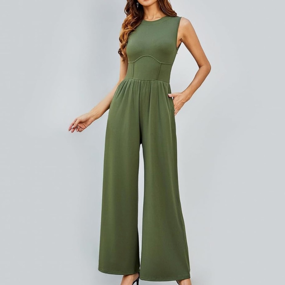Sleeveless Olive Green Wide-Leg Jumpsuit